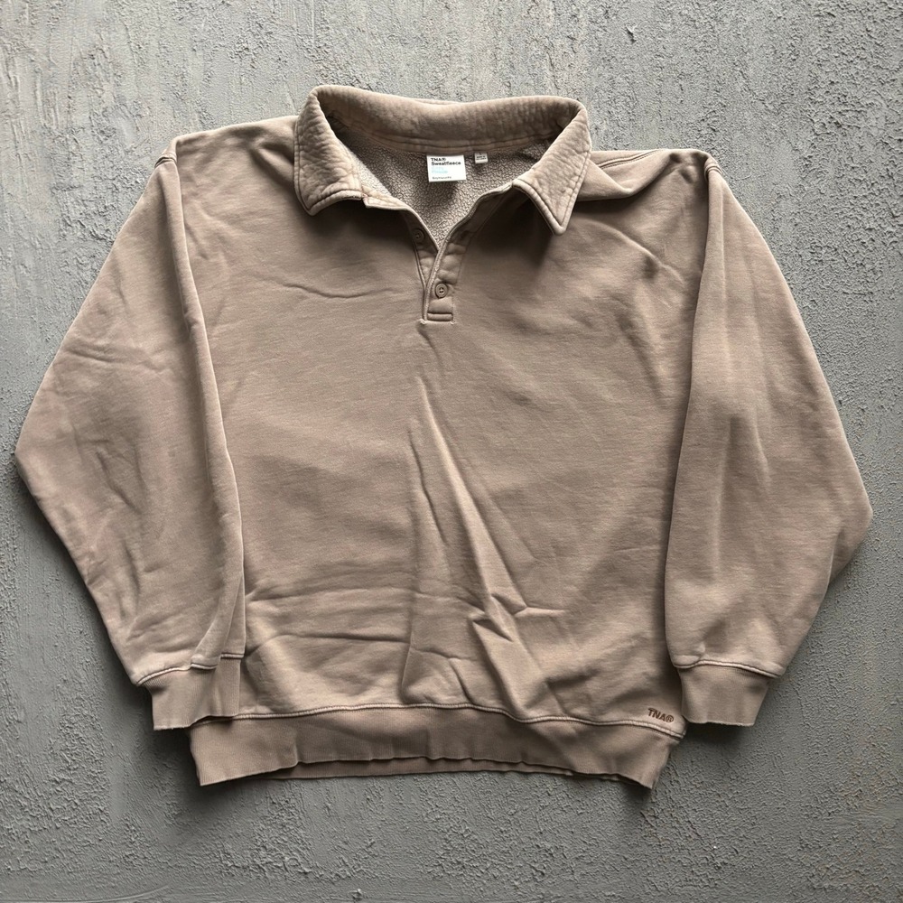TNA Cozy Fleece Boyfriend Fit Polo Sweatshirt Women Large Brown